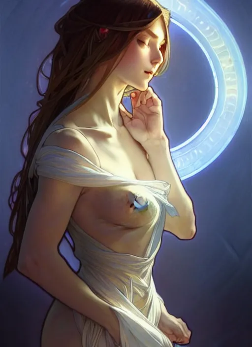 Prompt: digital character concept art by artgerm and greg rutkowski and alphonse mucha. clear portrait of a young wife blessed by god to uncontrollably become overwhelmingly perfect!! blonde, clothed, obviously feminine holy body!! light effect. hyper detailed, glowing lights!! intricate, elegant, digital painting, artstation, smooth, sharp focus