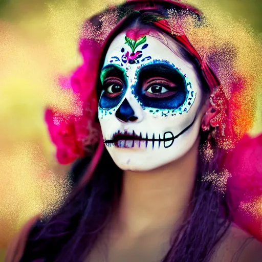 Prompt: canon mark 5, motion blur, realistic character portrait photo of a beautiful mexican girl, day of the dead makeup, muted colours, by britt marling, glitter storm
