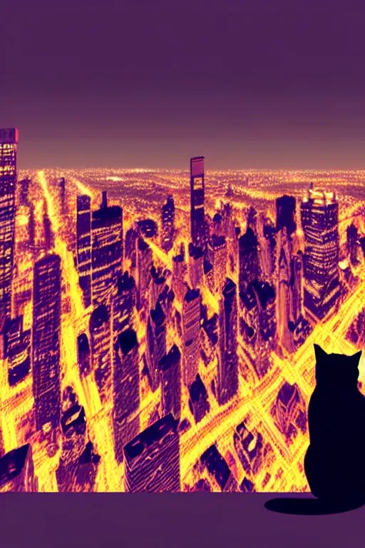 Image similar to cat overlooking bustling downtown city at night, pixel digital artstyle HD