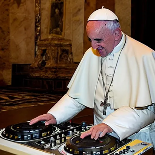 Prompt: the pope on the dj decks