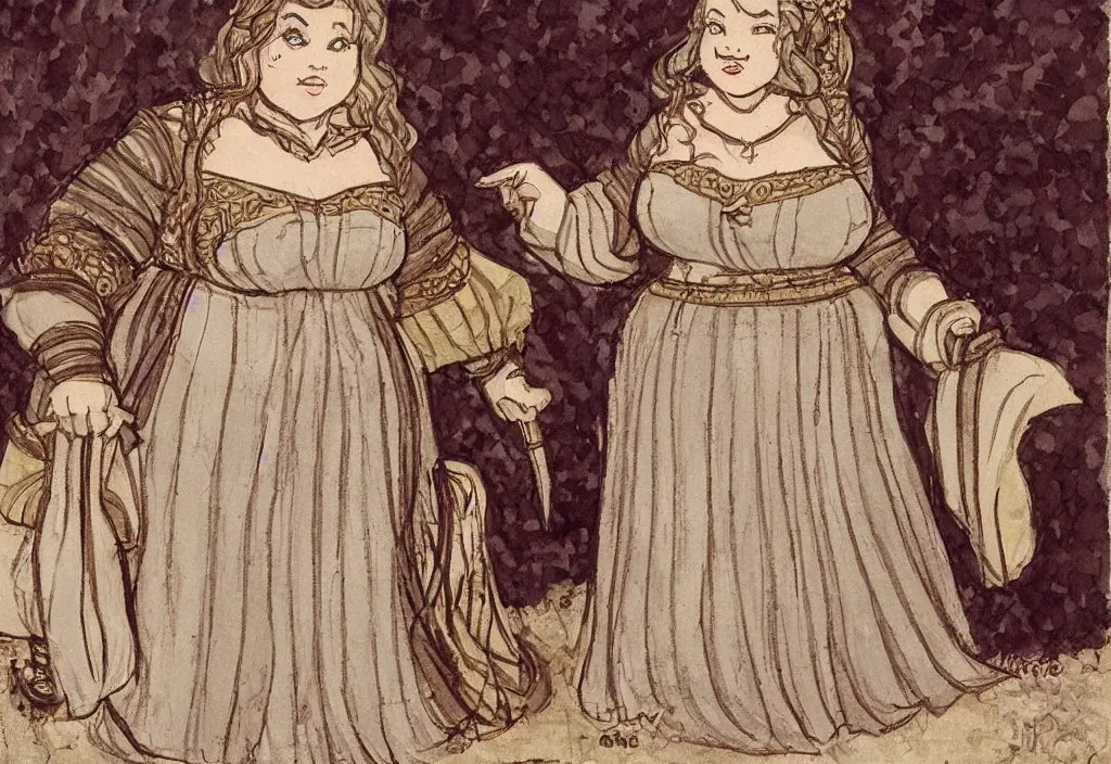 Prompt: a chubby dwarven noblewoman wearing an elegant dress at the royal palace | plump stocky body | braided hair | dungeons and dragons | tim burton |