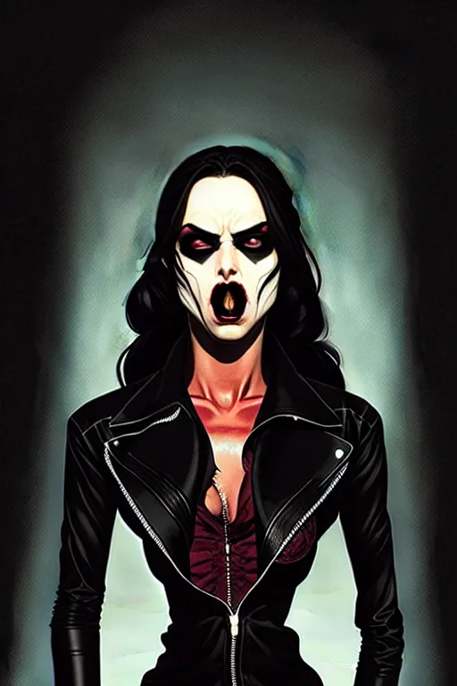 Image similar to rafael albuquerque comic art, peter mohrbacher, phil noto, steve niles, artgerm, pretty willa holland vampire sharp vampire teeth open mouth, symmetrical eyes, black leather jacket, jeans, long black hair