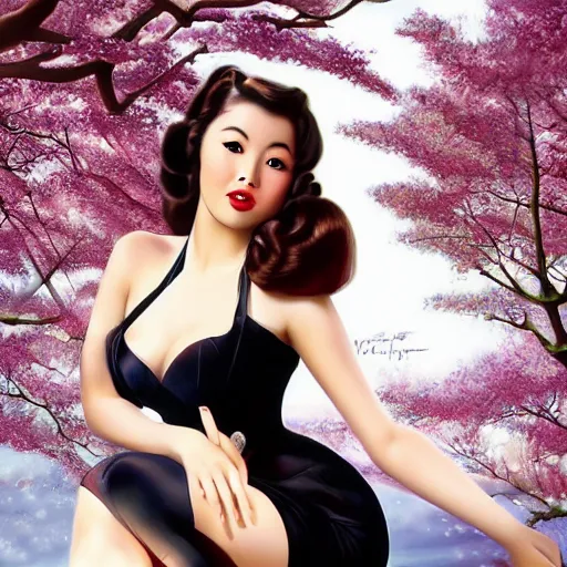 Image similar to pin - up fullbody portrait of a beautiful young asian woman, pretty long hair, intense flirting, showing curves, symmetrical face, digital art, smooth, extremely detailed, model pose, intense look, dream, cherry blossoms, gorgeous young model, traditional beauty, pretty, by wu bayard, by gil elvgren, by ralph horsley, by hanks steve