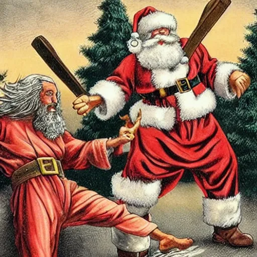 Prompt: Santa Claus vs. Jesus in an epic battle, super bloody battle, to the death