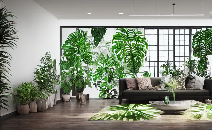 Image similar to empty room bohemian interior, big tv screen in the middle, tropical indoor plants, open shiny floor, v - ray render, high contras