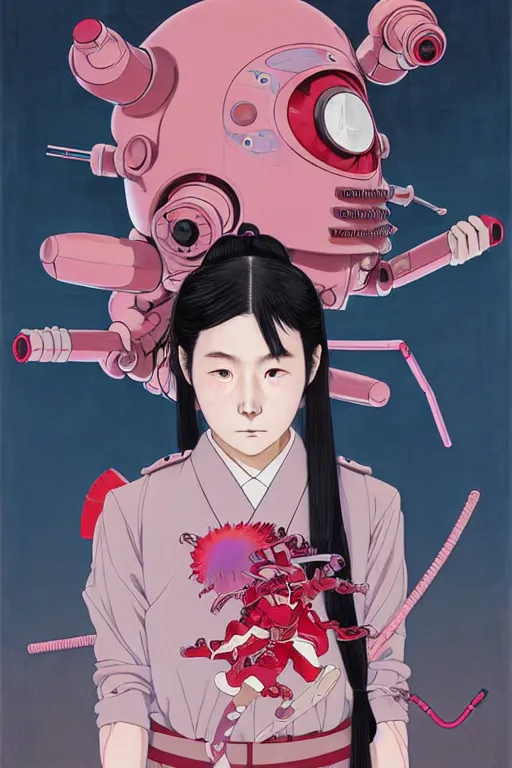 Image similar to Artwork by James Jean, Phil noto and hiyao Miyazaki ; (1) a young Japanese future samurai police lady named Yoshimi battles an (1) enormous evil natured carnivorous pink robot on the streets of Tokyo; Japanese shops and neon signage; crowds of people running; Art work by hiyao Miyazaki, Phil noto and James Jean