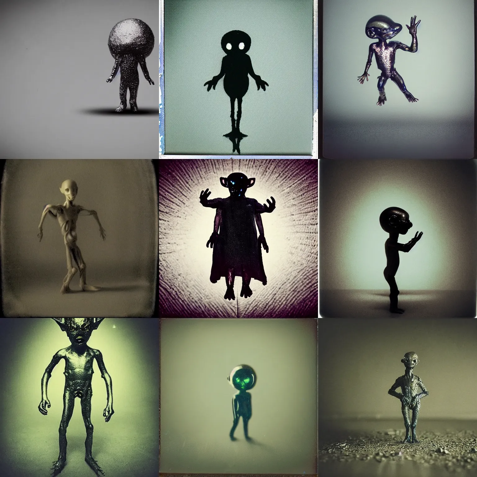 Prompt: cute glistening tiny guy creature, weird silly alien boy with beady black eyes, prancing around in an empty room. spiritual eerie creepy picture, faceless ethereal imp sprite, studio lighting, polaroid, grainy photograph