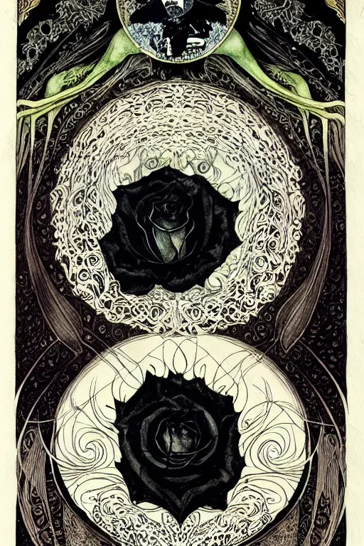 Prompt: realistic portrait of edgar allen poe in the center of an ornate black rose flower frame, detailed art by kay nielsen and walter crane, illustration style, watercolor