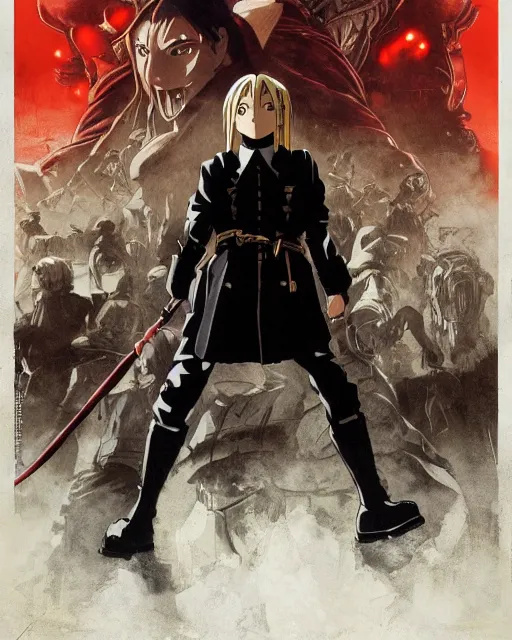 Image similar to Movie poster of The Full Metal Alchemist, Highly Detailed, A master piece of storytelling, wide angle, cinematic shot, Battle, highly detailed, cinematic lighting, by frank frazetta + ilya repin , 8k, hd, high resolution print