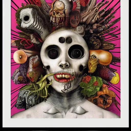 Image similar to post - album cover, asymmetrical design, off white frame around, new age, apocalypse, psychedelic, black white pink, magic, giger h. r., giuseppe arcimboldo