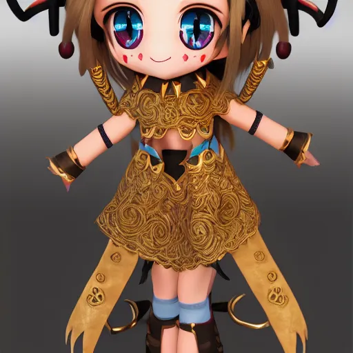 Prompt: cute fumo plush of a goat girl with horns, anime girl, tribal outfit with intricate celtic knot patterns, golden pauldrons, gothic maiden princess, artstation, vray