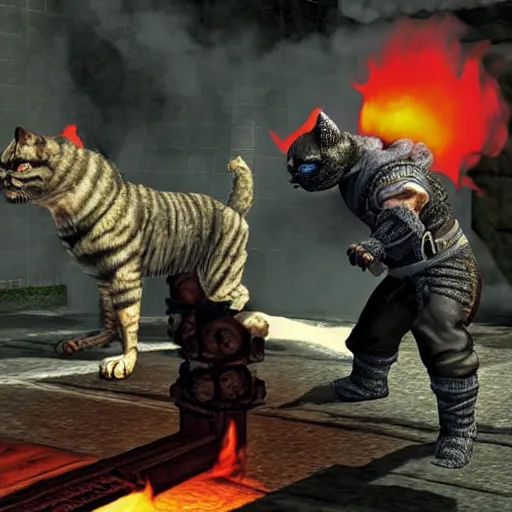 Prompt: photo of smoke from mortal kombat with his pet cat, detailed, realistic, 3 2 bit sega genesis video game screenshot