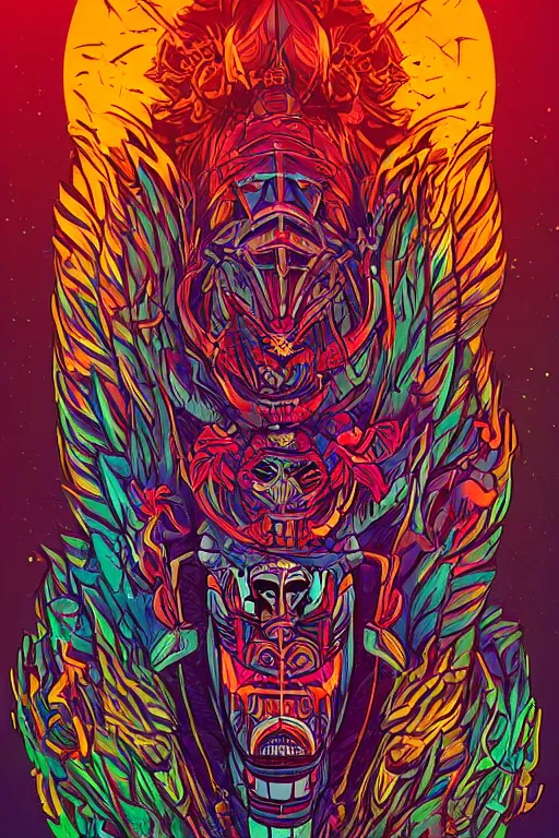 Image similar to totem animal tribal chaman vodoo mask feather gemstone plant wood rock video game illustration vivid color borderlands by josan gonzales and dan mumford radiating a glowing aura