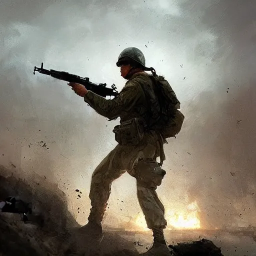 Image similar to an american soldier fighting in d - day fantastic camera engel by greg rutkowski