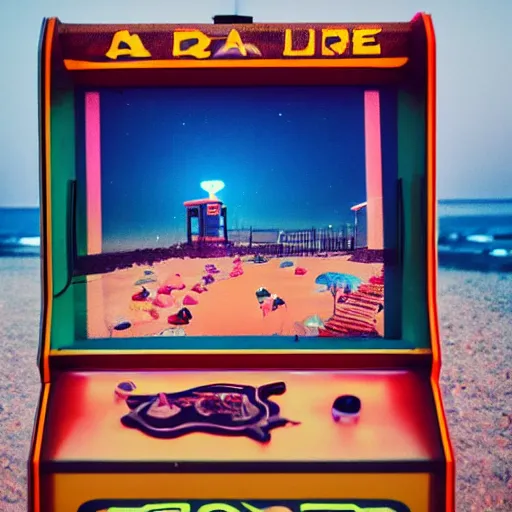 Image similar to a lovely arcade machine on the beach at night. photograph in the style of simon stalenhag