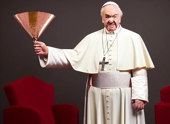 Image similar to photo still of rip taylor as the pope!!!!!!!! at age 5 4 years old 5 4 years of age!!!!!!! throwing confetti from a bucket at church, 8 k, 8 5 mm f 1. 8, studio lighting, rim light, right side key light