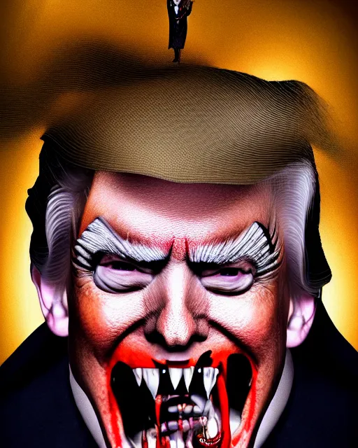 Prompt: photograph portrait of donald trump as dracula, fangs, character portrait, close up, concept art, intricate details, in the style of otto dix and h. r giger