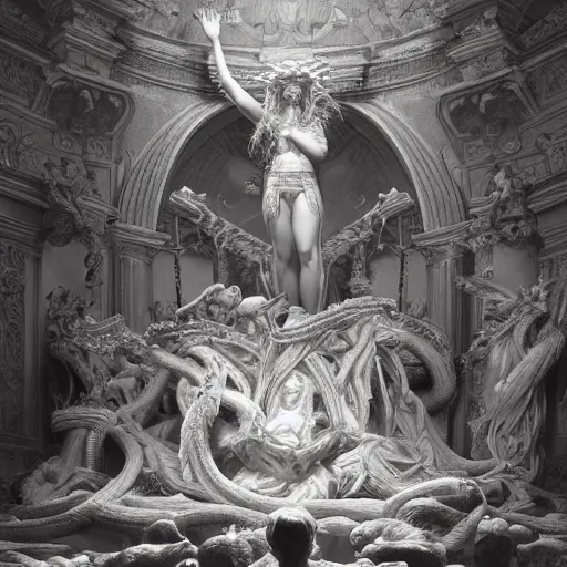 Prompt: the altar of Medusa, shrine with statues, hyperdetailed, artstation, cgsociety, by greg rutkowski, by Gustave Dore