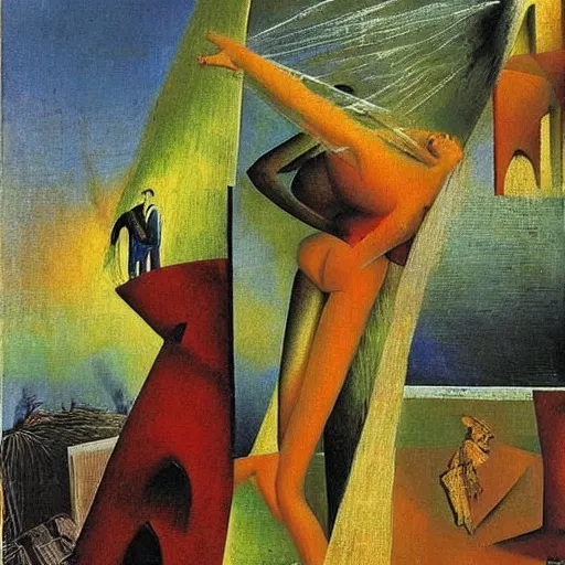 Prompt: bride falls over, oil painting by max ernst