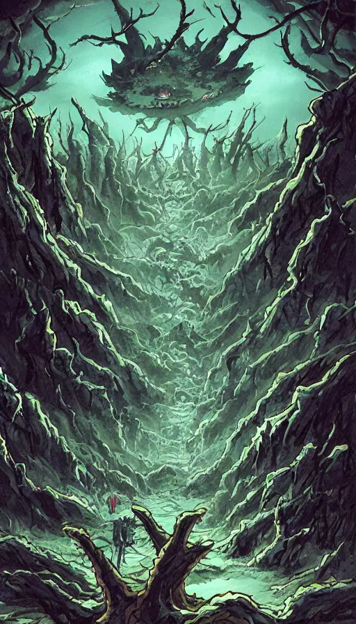 Image similar to a storm vortex made of many demonic eyes and teeth over a forest, by gainax co,