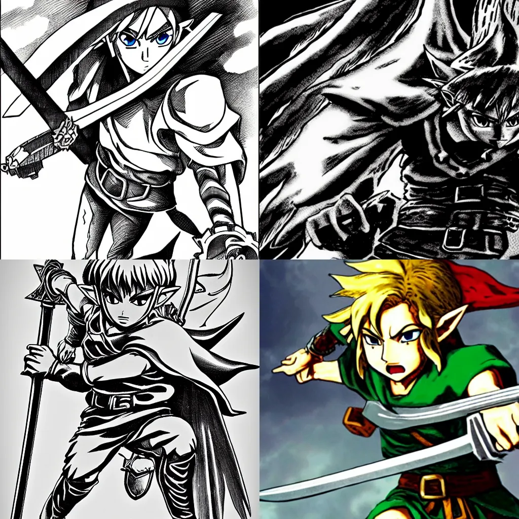 Prompt: Link in the style of Kentaro Miura, Legend of Zelda, Berserk