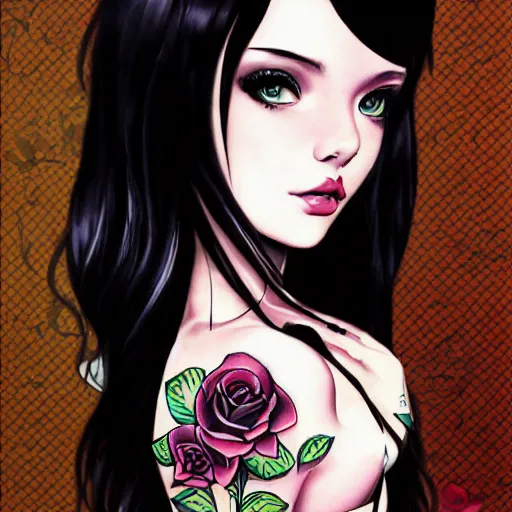 Image similar to tattoo design, stencil, beautiful girls face, long black hair, roses and ivy surrounding by artgerm, artgerm, cat girl, anime