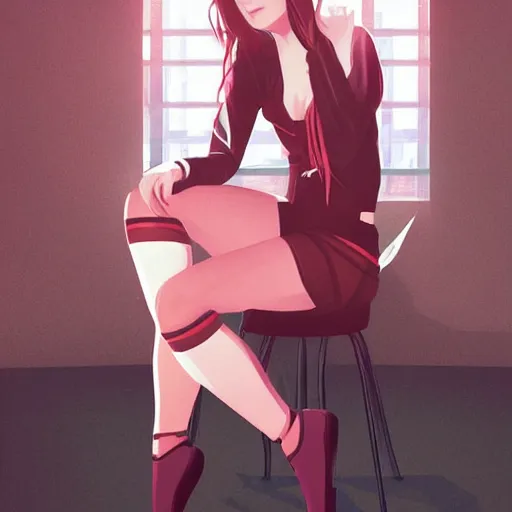 Prompt: gorgeous woman sitting in a chair wearing leggings. high definition digital art, in the style of ilya kuvshinov and Ross tran