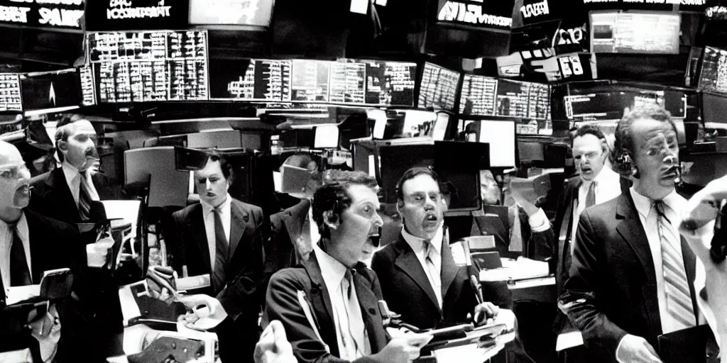 Image similar to film still of a wall street board room, ridley scott, crazy fearful atmosphere, bankers crying, stock market crash symbols on the wall, 1 9 8 0 s science fiction, dark science fiction movie