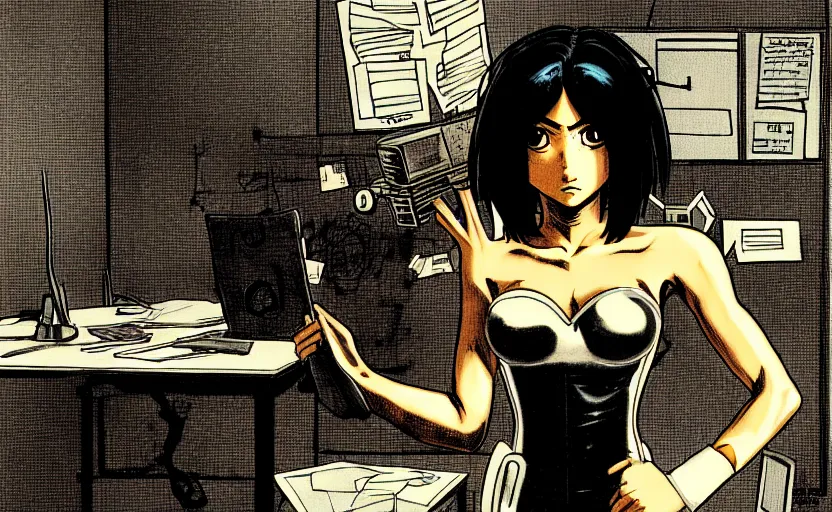 Prompt: modern office. battle angel alita. by rembrandt 1 6 6 7, illustration