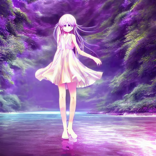 Prompt: advanced digital anime art, WLOP , a gorgeous high school girl with long gold and silver hair wearing a violet dress and bare feet walking through a crystal clear river, DOF, Gaussian Blur,