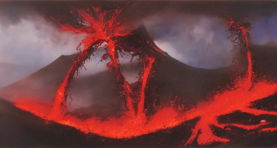 Prompt: a volcano made of ivory vines and crimson rocks enters in eruption, it spits a smoke in the shape of demonic eye, by John Berkey