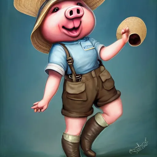 Image similar to cute little anthropomorphic funny female pig wearing shorts, a sunhat, boots and a pale blue shirt!! tiny!! fully clothed!!! small, short, cute and adorable, character art portrait, matte fantasy painting, deviantart artstation, by jason felix by steve argyle by tyler jacobson by peter mohrbacher, cinema