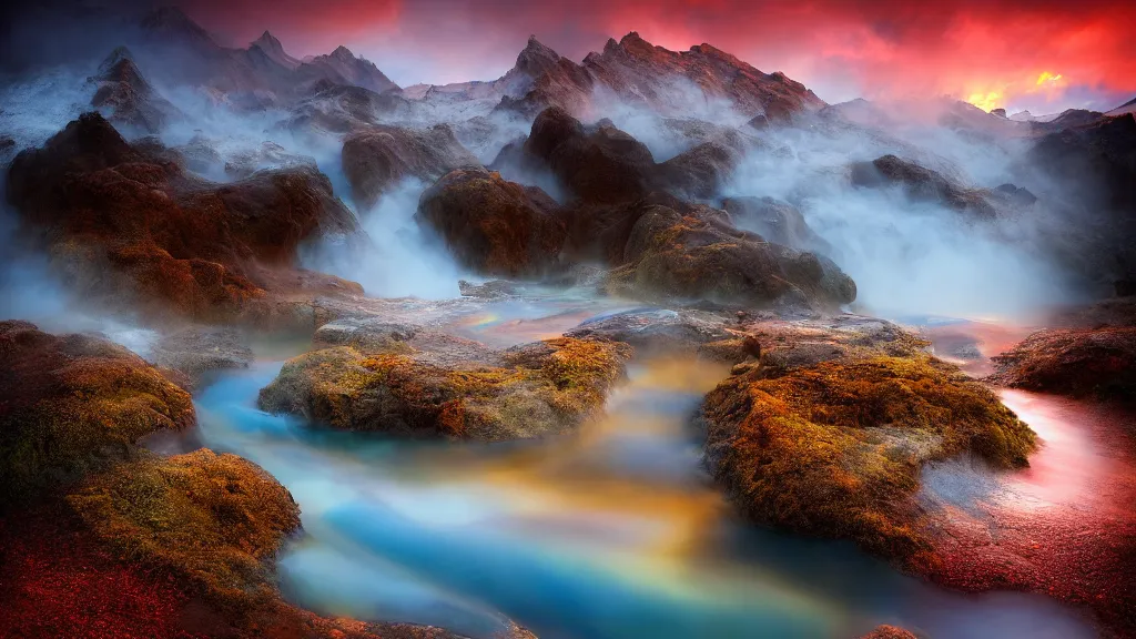 Prompt: amazing landscape photo of natural hot springs by marc adamus, beautiful dramatic lighting