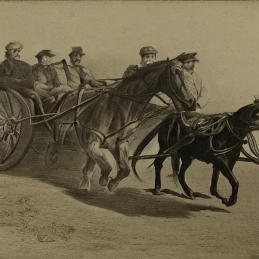 Prompt: a horse pulling a harnessed towed canon