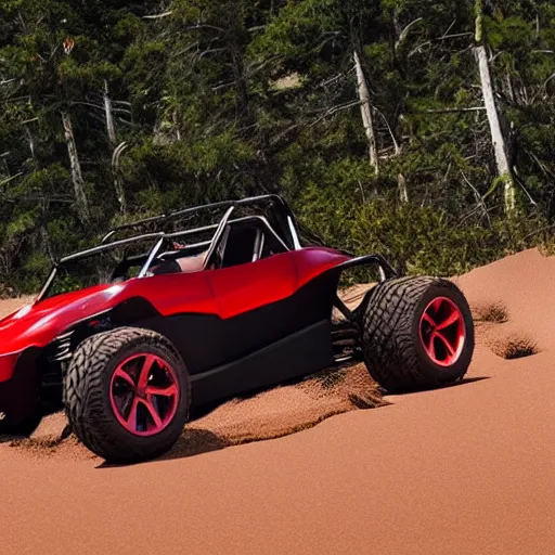Prompt: tesla dune buggy, all terrain tires, red seats