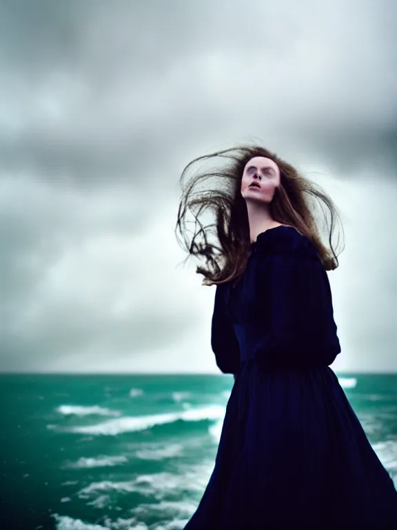 Image similar to cinestill 5 0 d photography of a woman britt marling 3 / 4 style of nicholas fols, 8 0 mm, dress in voile, hair like dark clouds floating on air, mute dramatic colours, soft blur outdoor stormy sea background, volumetric lighting, hyperdetailed, hyperrealistic