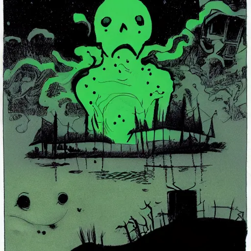 Prompt: ghosts, spirits on bayou, heavy ink, moon in sky, green, mike mignola