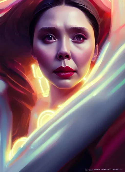 Image similar to portrait of modern darna, elizabeth olsen, intricate, elegant, glowing lights, highly detailed, digital painting, artstation, glamor pose, concept art, smooth, sharp focus, illustration, art by wlop, mars ravelo and greg rutkowski