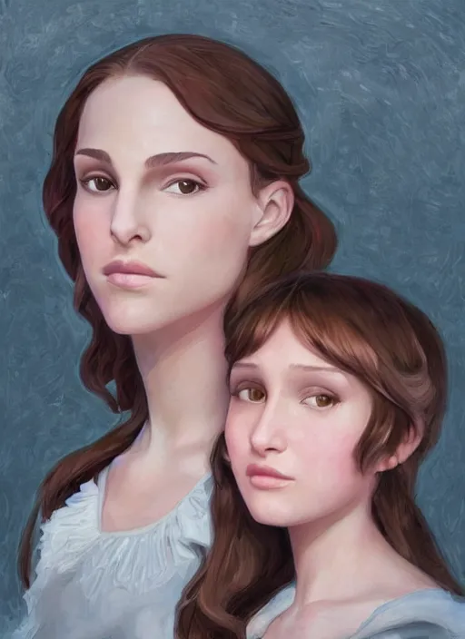 Prompt: well - lit art nouveau face portrait of a 1 3 - year old girl wih resembles natalie portman and emily browning acting shy on a bridge, natural lighting, path traced, highly detailed, high quality, cartoon, digital painting, by don bluth and ross tran and studio ghibli