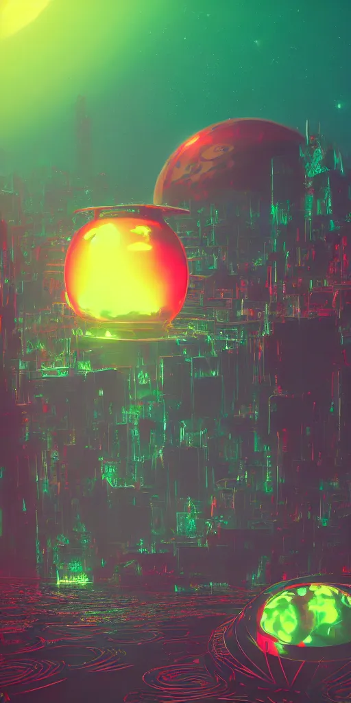 Image similar to humongous technologic flower on a neon planet, spooky, retrowave, art by karl marx, smooth, beautiful art, masterpiece, artistic landscape, cinematic, wet reflections, ray tracing x, rtx, smooth