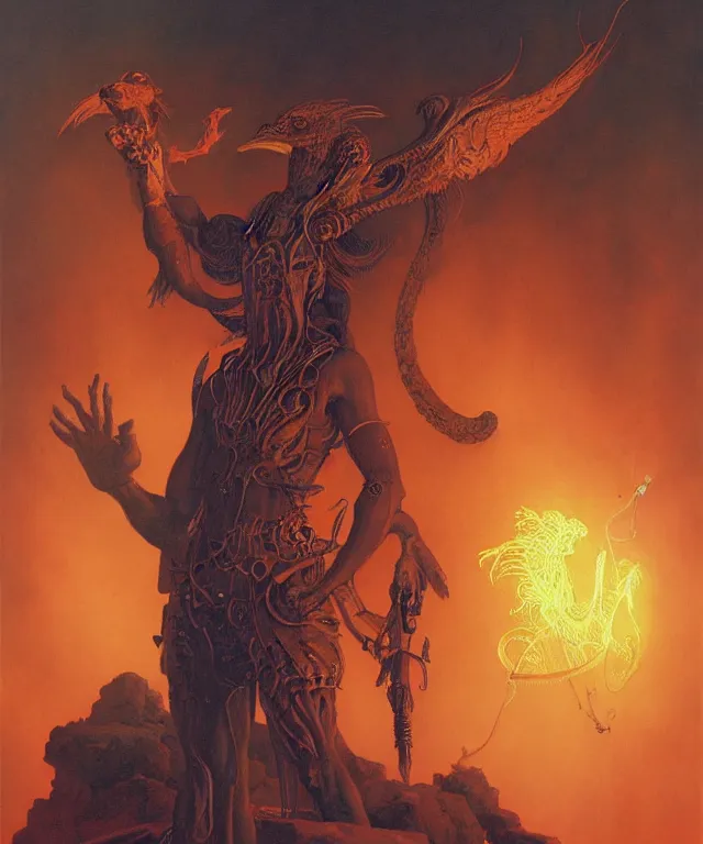 Image similar to horus with man ’ s body, glowing fiery background, in the style of peter mohrbacher, wayne barlowe, gustav moreau, bussiere, roberto ferri, santiago caruso, luis ricardo falero, austin osman spare, colorful