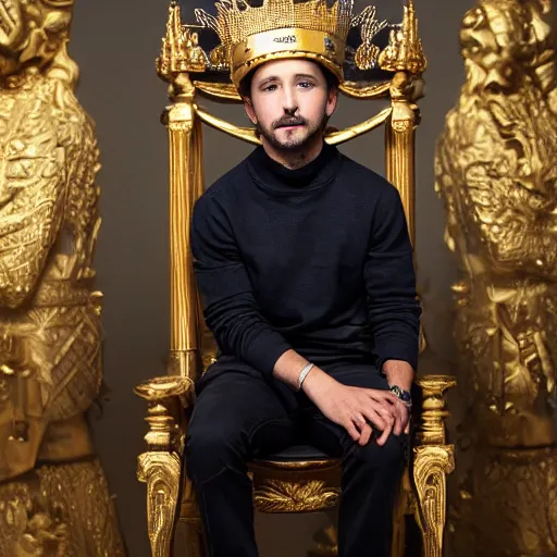 Image similar to HQ photo face picture of Shia Labeouf sitting on a throne wearing a golden crown