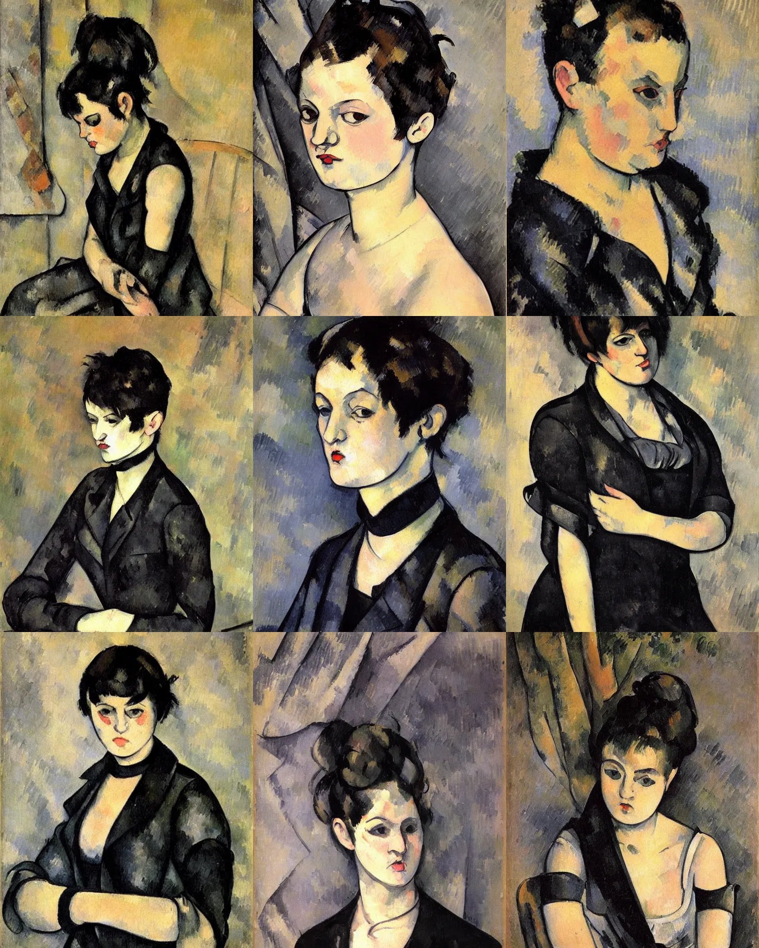 Prompt: A goth portrait painted by Paul Cezanne. Her hair is dark brown and cut into a short, messy pixie cut. She has a slightly rounded face, with a pointed chin, large entirely-black eyes, and a small nose. She is wearing a black tank top, a black leather jacket, a black knee-length skirt, a black choker, and black leather boots.