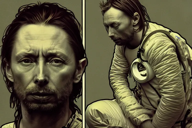 Prompt: hyper realistic portrait of thom yorke singer songwriter, side, liminal space, spacesuit, waterline, reflections, by lee bermejo, alphonse mucha and greg rutkowski