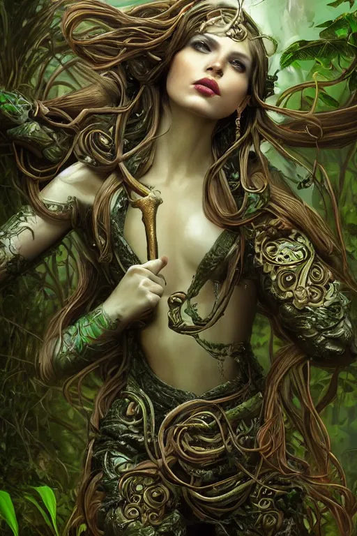 Image similar to a beautiful young woman, Vraska golgari queen, long flowing medusa hair, mostly green and brown leather pirate armor, young female face, vine like plants and jungle background, cinematic top lighting, insanely detailed and intricate, face by wlop, Charlie Bowater, golden ratio, symmetric, elegant, ornate, luxury, elite, matte painting, MTG, magic the gatheing, cinematic, cgsociety, 8k, high resolution