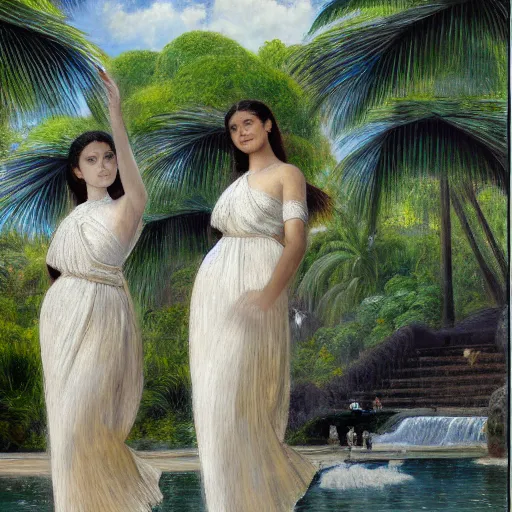 Image similar to a ultradetailed beautiful painting of three beautiful and physically attractive women standing in front of the diamonds waterfall in the amazonas palace balustrade designed by jules bastien - lepage, tarsila do amaral, frank weston and gustave baumann, beach, trending on artstation, mediterranean, palm trees, sharp focus, soft light, 8 k 4 k