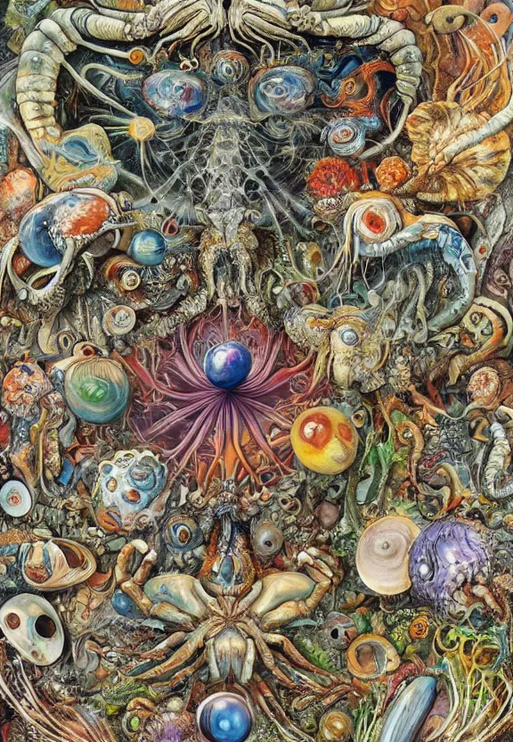 Image similar to simplicity, colorful muscular eldritch bodies and mollusks and crabs radiating around fractal, mandala white bones, colorful gems, brush pen, by h. r. giger and esao andrews and maria sibylla merian eugene delacroix, gustave dore, thomas moran, pop art, chiaroscuro, biopunk, art nouveau