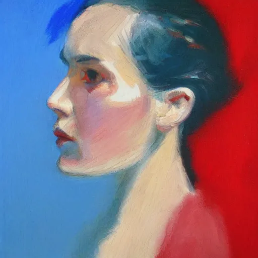 Prompt: profile portrait in peruvian realist style ( 1 9 5 4 ), cerulean blue, cadmium red, zinc white, intense key lighting, impressionist, expressive, shadows