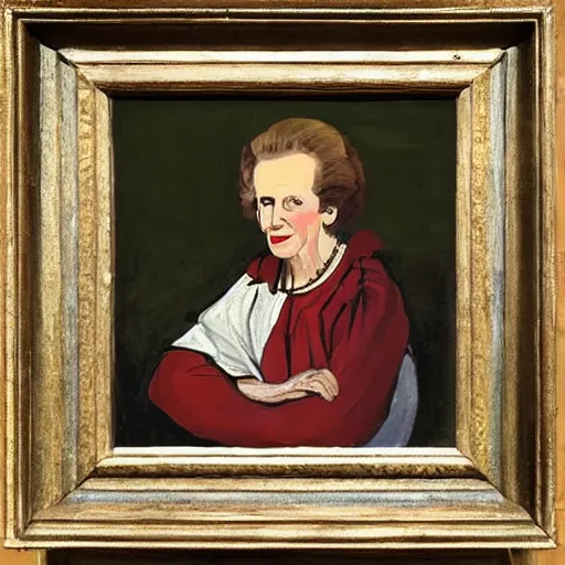 Image similar to margaret thatcher as a 1 2 th century peasant woman in england, painting, exhibited at british museum, oil on canvas, restored, art
