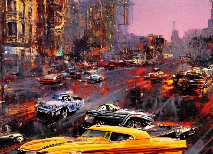 Image similar to hotrods driving down a street , vintage, high detail, golden hour, 8K, by John Berkey